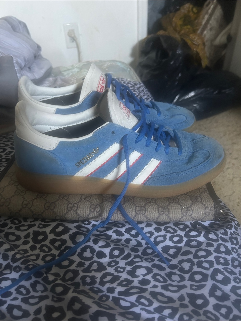 adidas Blue Suede Sneakers with White Stripes and Gum Sole